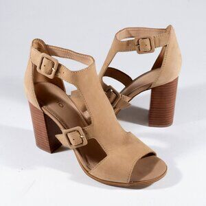 Aldo Meygan-35 Tan Suede Block Heel Peep Toe Sandal, Size 8